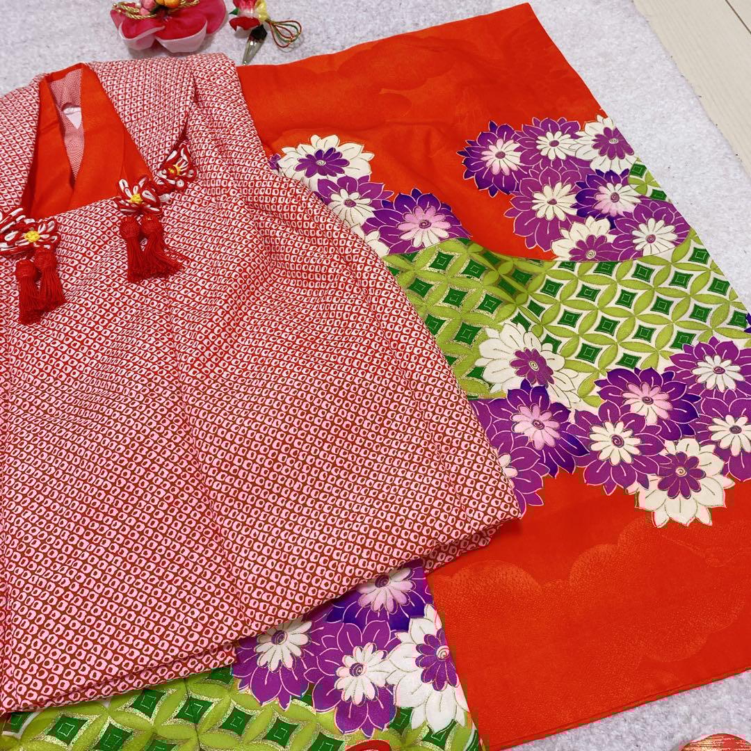 七五三 3歳 アンティーク 着物 被布 バッグ 草履 髪飾り セット