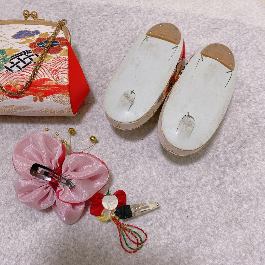 七五三 3歳 アンティーク 着物 被布 バッグ 草履 髪飾り セット