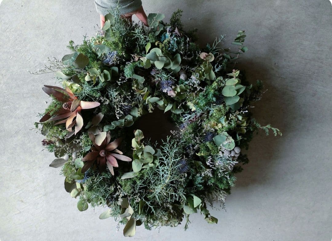 生花/直径50cm〜Christmasベル付き/特大グリーンリース/ドライ