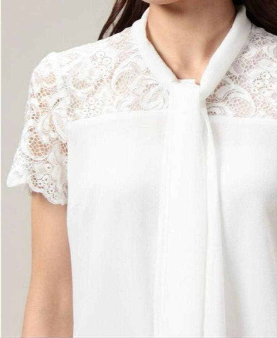 ANAYI アナイ　ジョーゼットレースボウタイ半袖ブラウス　ホワイト　38