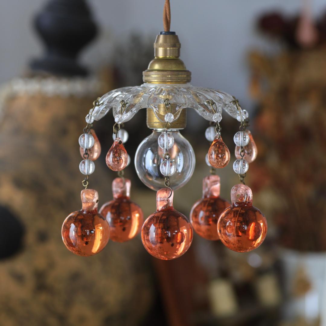 フランスアンティーク ピンク大粒ガラスドロップ ミニシャンデリアシェード/ランプ