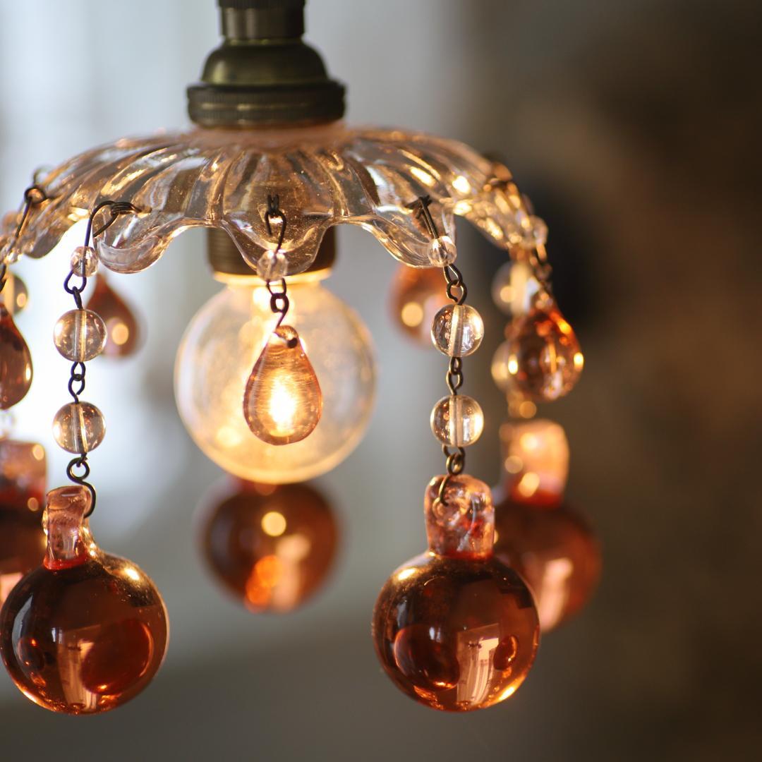 フランスアンティーク ピンク大粒ガラスドロップ ミニシャンデリアシェード/ランプ