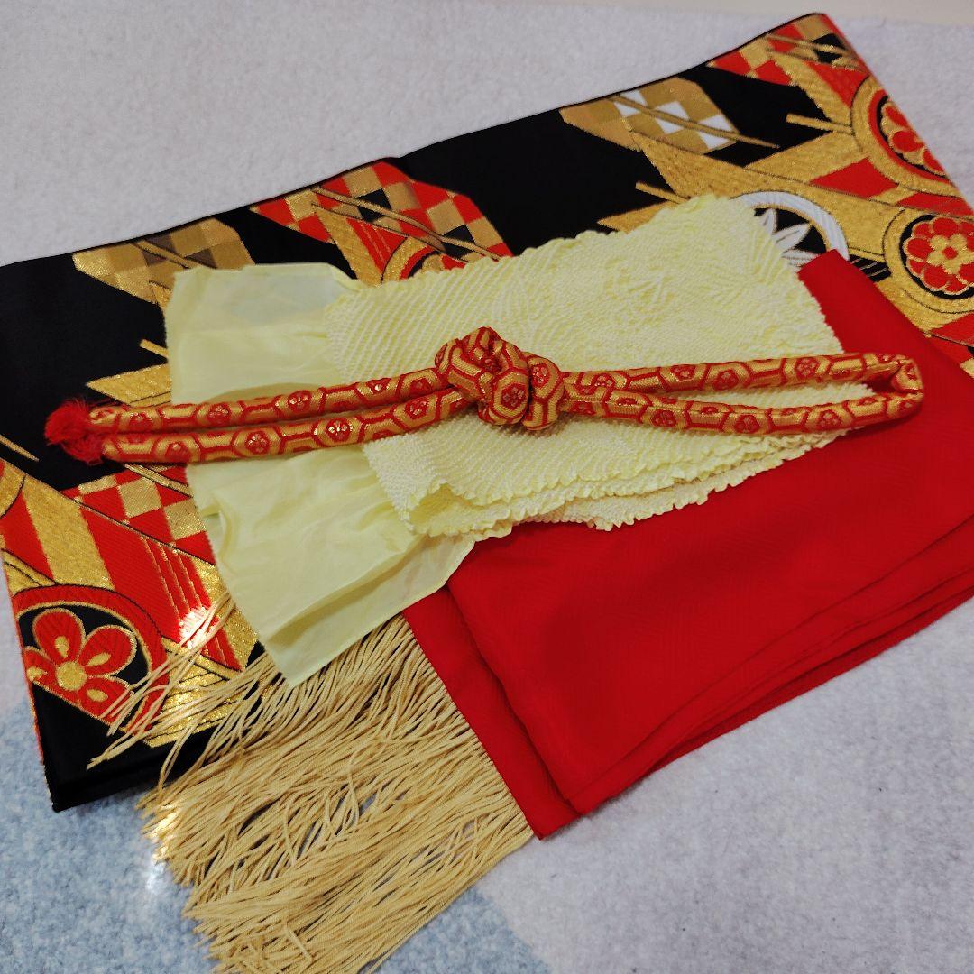 七五三 7歳 着物 帯 バッグ 草履 小物 セット 赤 黒 蝶 金駒刺繍