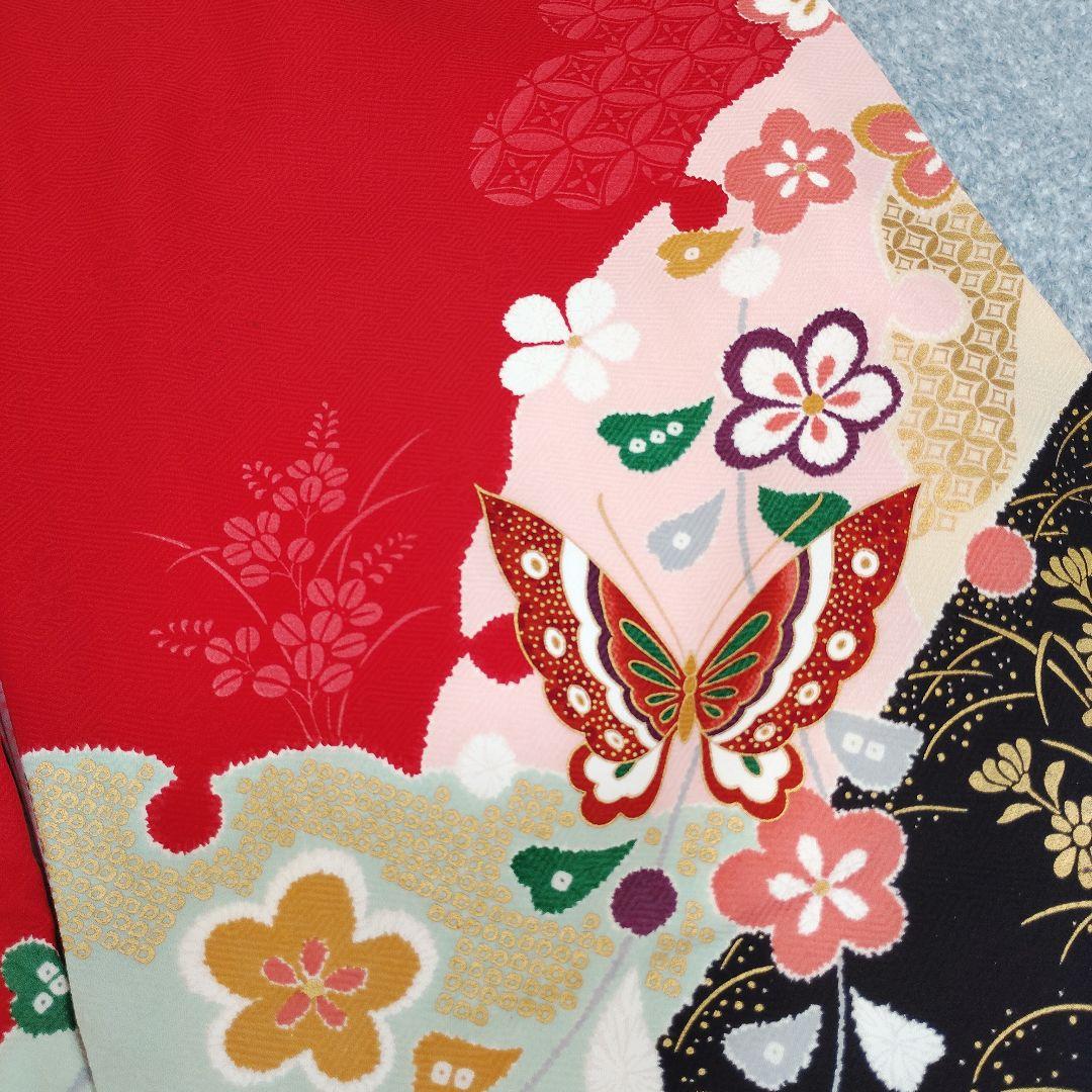 七五三 7歳 着物 帯 バッグ 草履 小物 セット 赤 黒 蝶 金駒刺繍