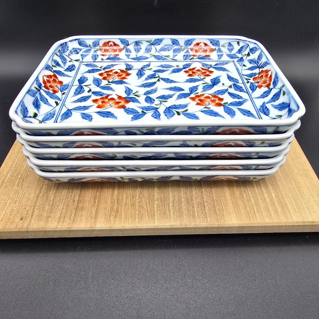 【美品】源右衛門窯 染錦花唐草　角皿 銘々皿 5枚組