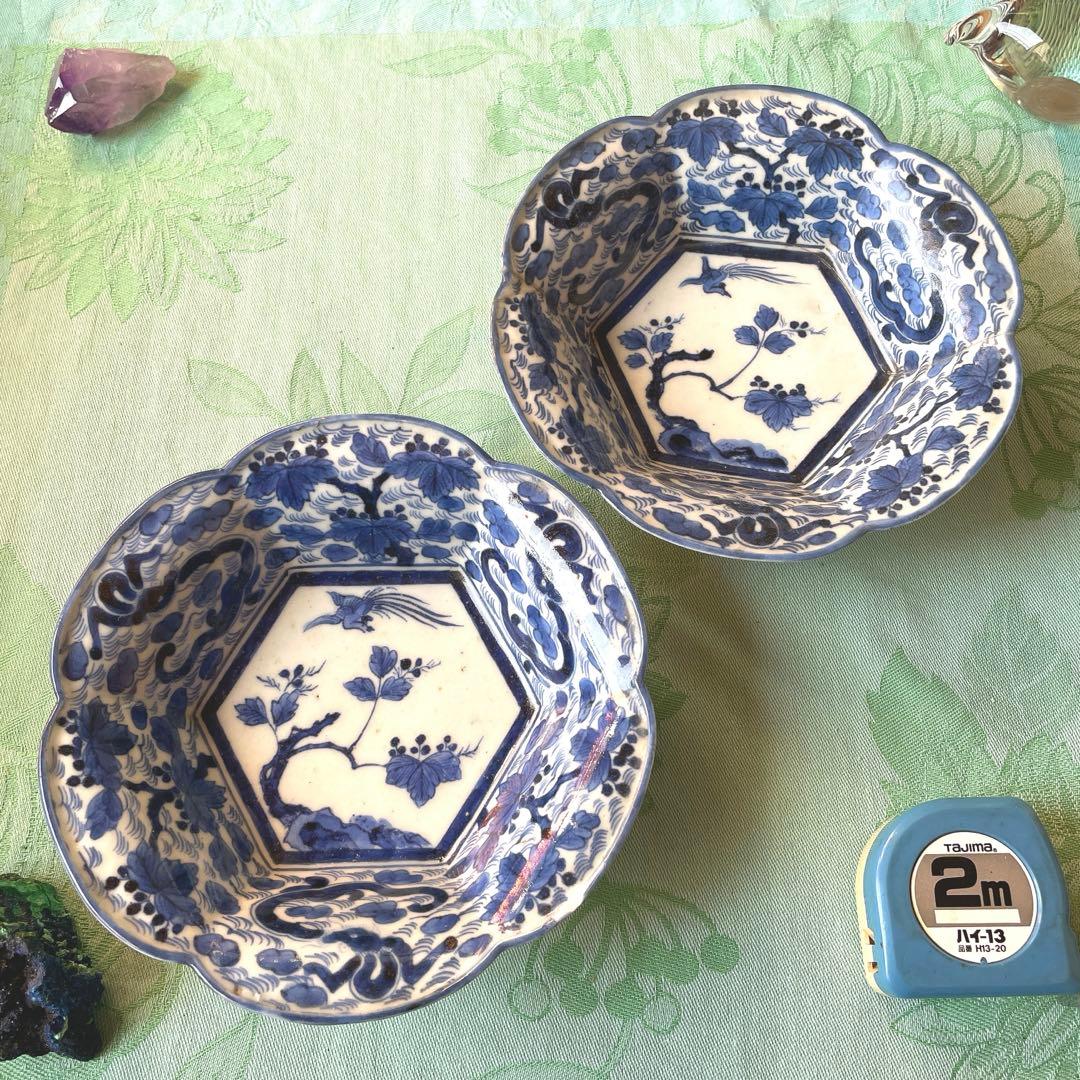 古伊万里　染付　桐　鳳凰　龍　変形皿　2客