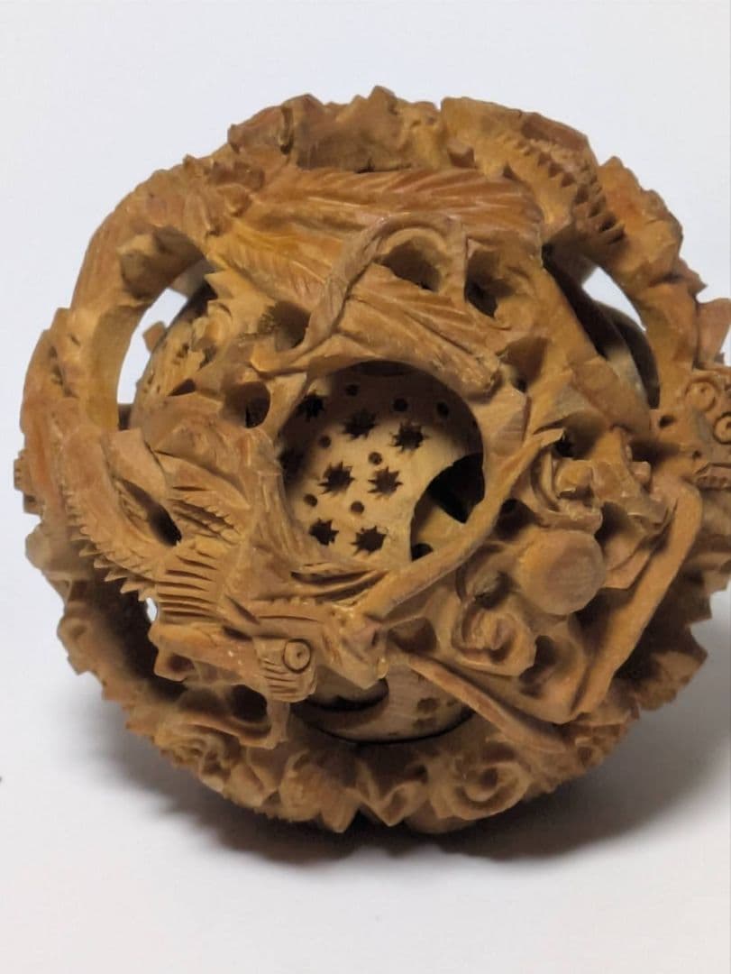 中国 透かし彫 多層球 天球 鬼工球 木彫り 彫刻 龍紋彫 オブジェ 中国美術