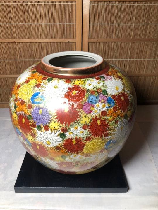 豪華九谷焼色絵金彩花詰文花瓶 高25cm