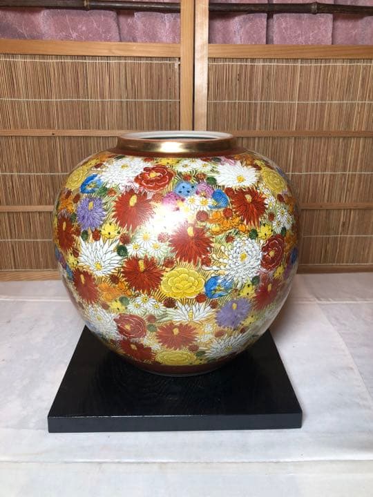 豪華九谷焼色絵金彩花詰文花瓶 高25cm