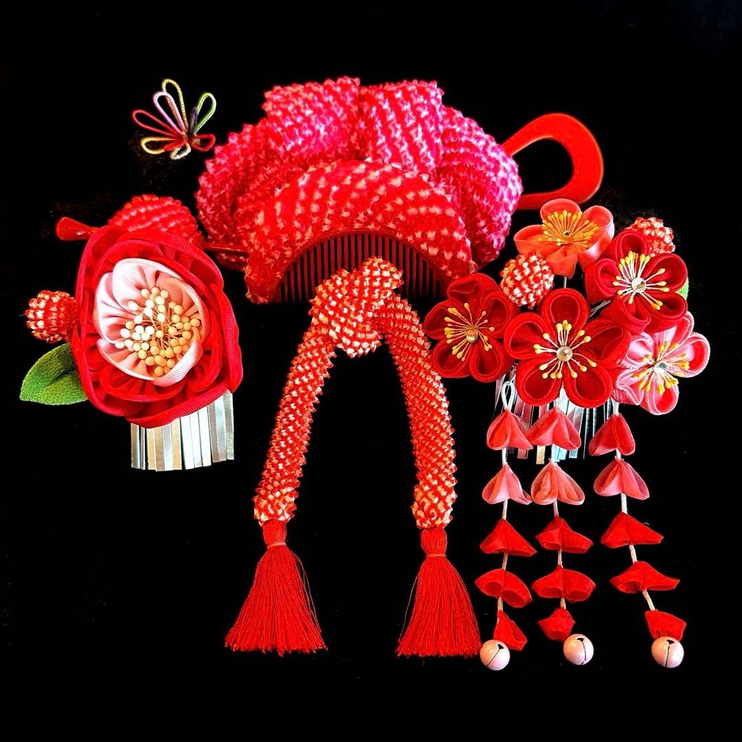 日本髪 髪飾り 七五三 (赤×ピンク) ３～５歳