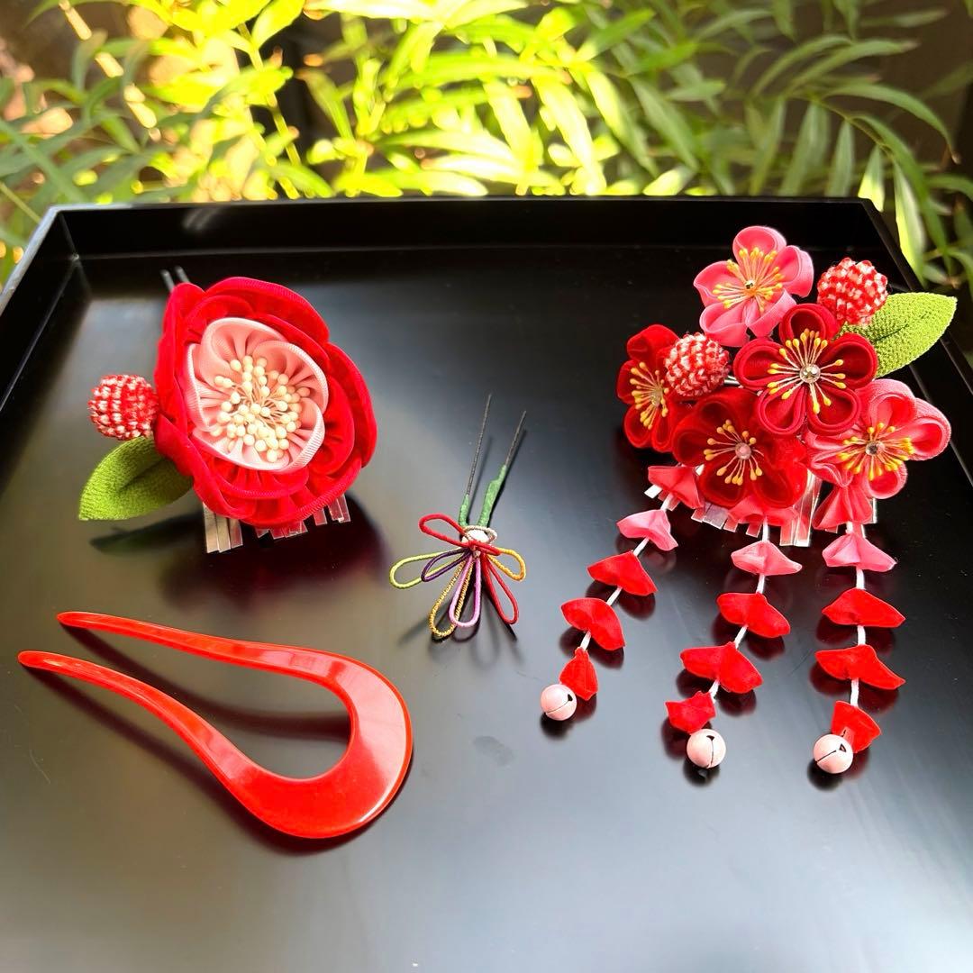 日本髪 髪飾り 七五三 (赤×ピンク) ３～５歳