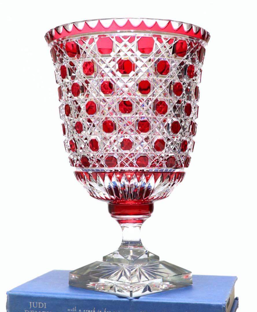 オールド・バカラ 稀少名品 特大切子コンポート 2.8kg28cm 赤色被せ装飾