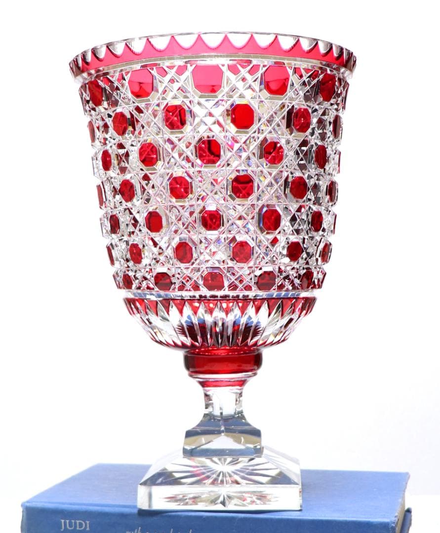 オールド・バカラ 稀少名品 特大切子コンポート 2.8kg28cm 赤色被せ装飾
