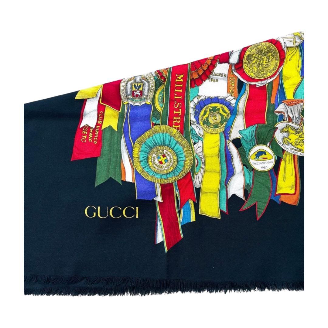 美品　GUCCI グッチ イタリア製 大判ストール ロゼット リボン柄 ブラック