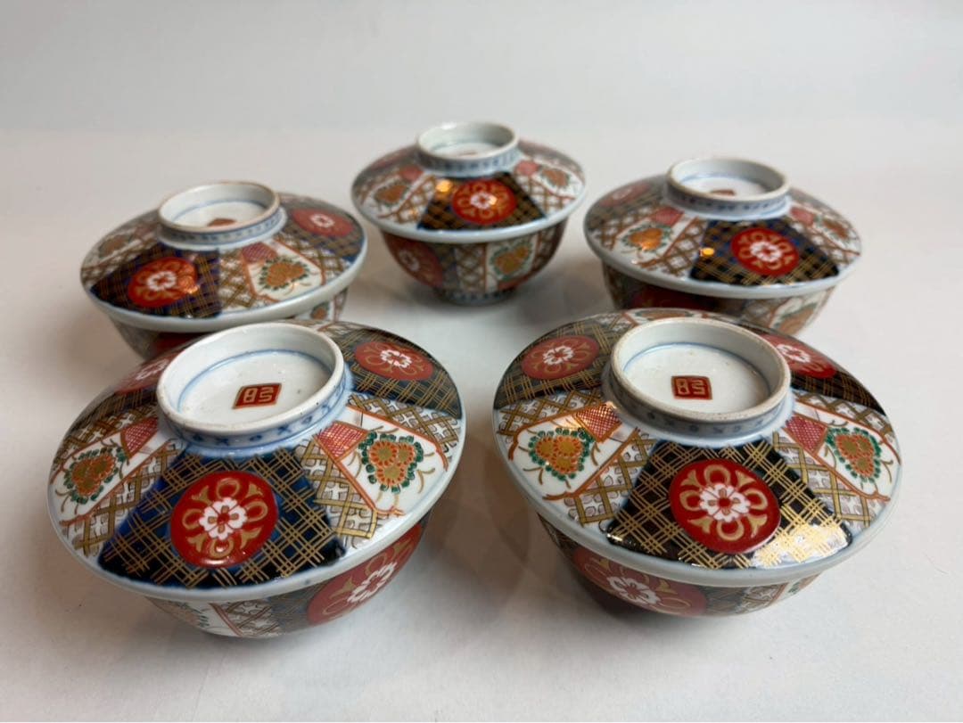 有田焼き　古伊万里　赤茶碗　蓋付き　色絵　5つ　NO.02