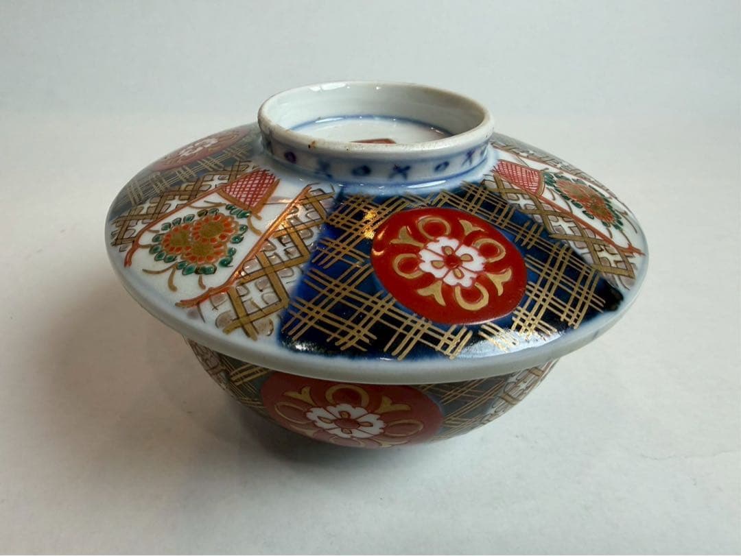 有田焼き　古伊万里　赤茶碗　蓋付き　色絵　5つ　NO.02