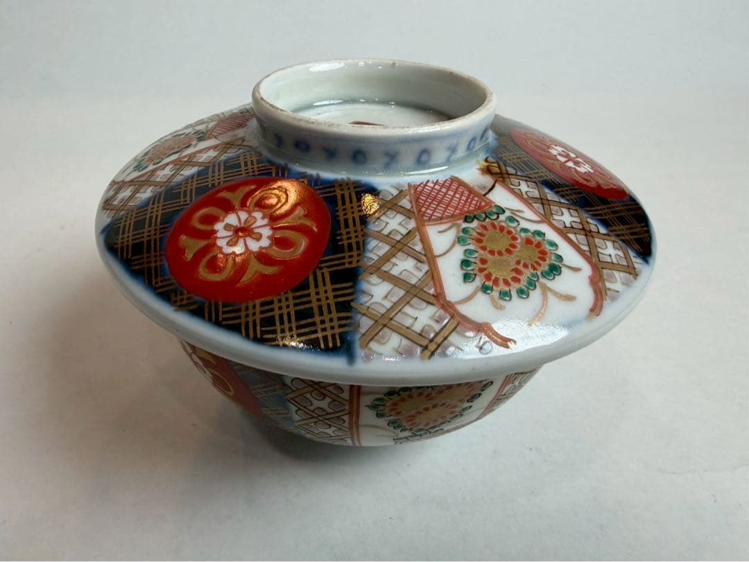 有田焼き　古伊万里　赤茶碗　蓋付き　色絵　5つ　NO.02