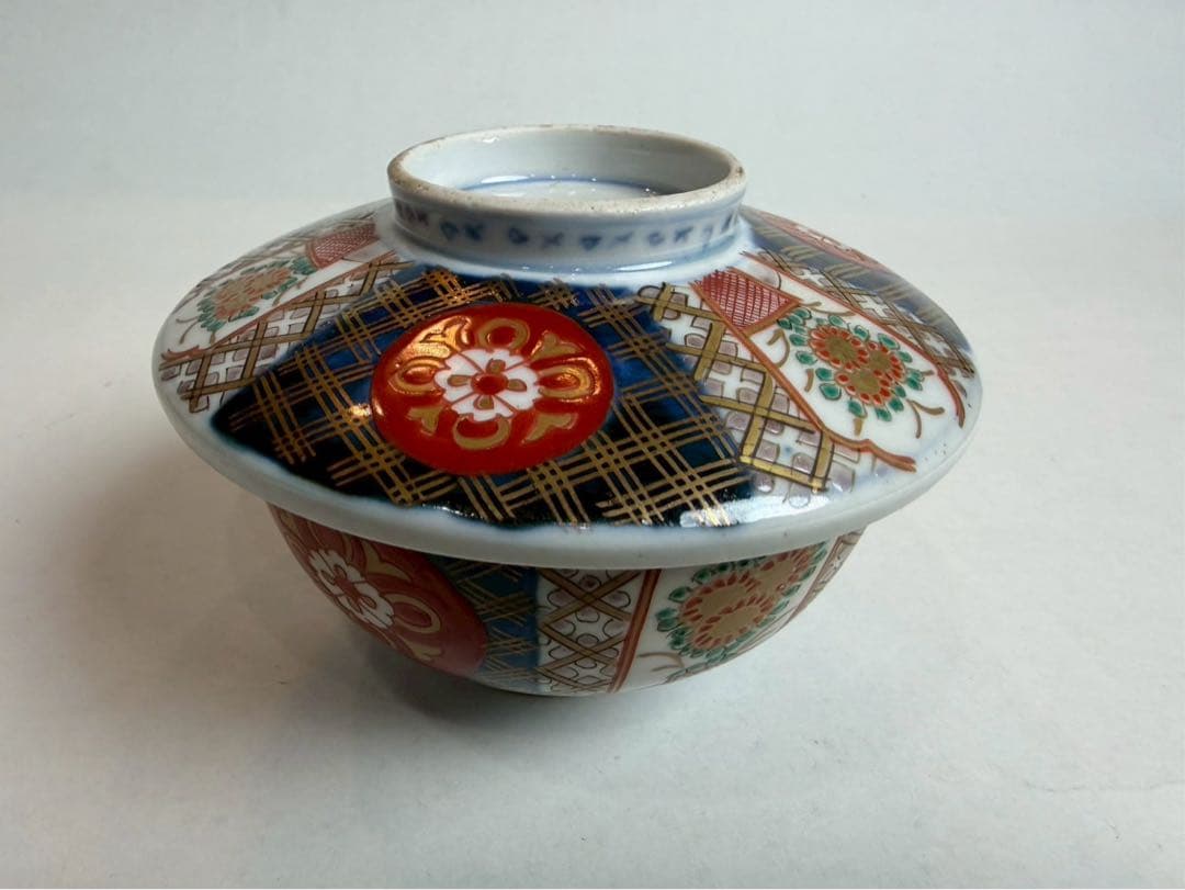 有田焼き　古伊万里　赤茶碗　蓋付き　色絵　5つ　NO.02