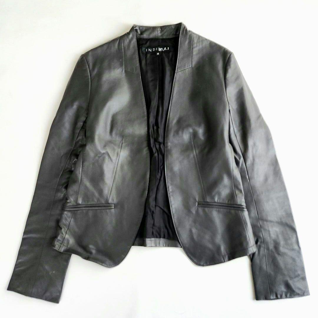 INDIVI　インディヴィ　新品　ラムレザー　ノーカラージャケット　グレー　羊革