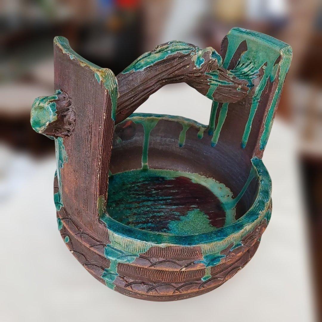 花器　置物　装飾品　手桶デザイン昭和ヴィンテージ　骨董品　益子焼