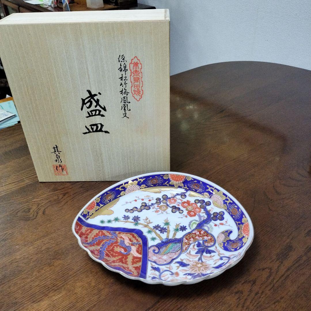 新品未使用　其泉窯　染錦松竹梅鳳凰文 盛皿　桐箱入り　賞美堂