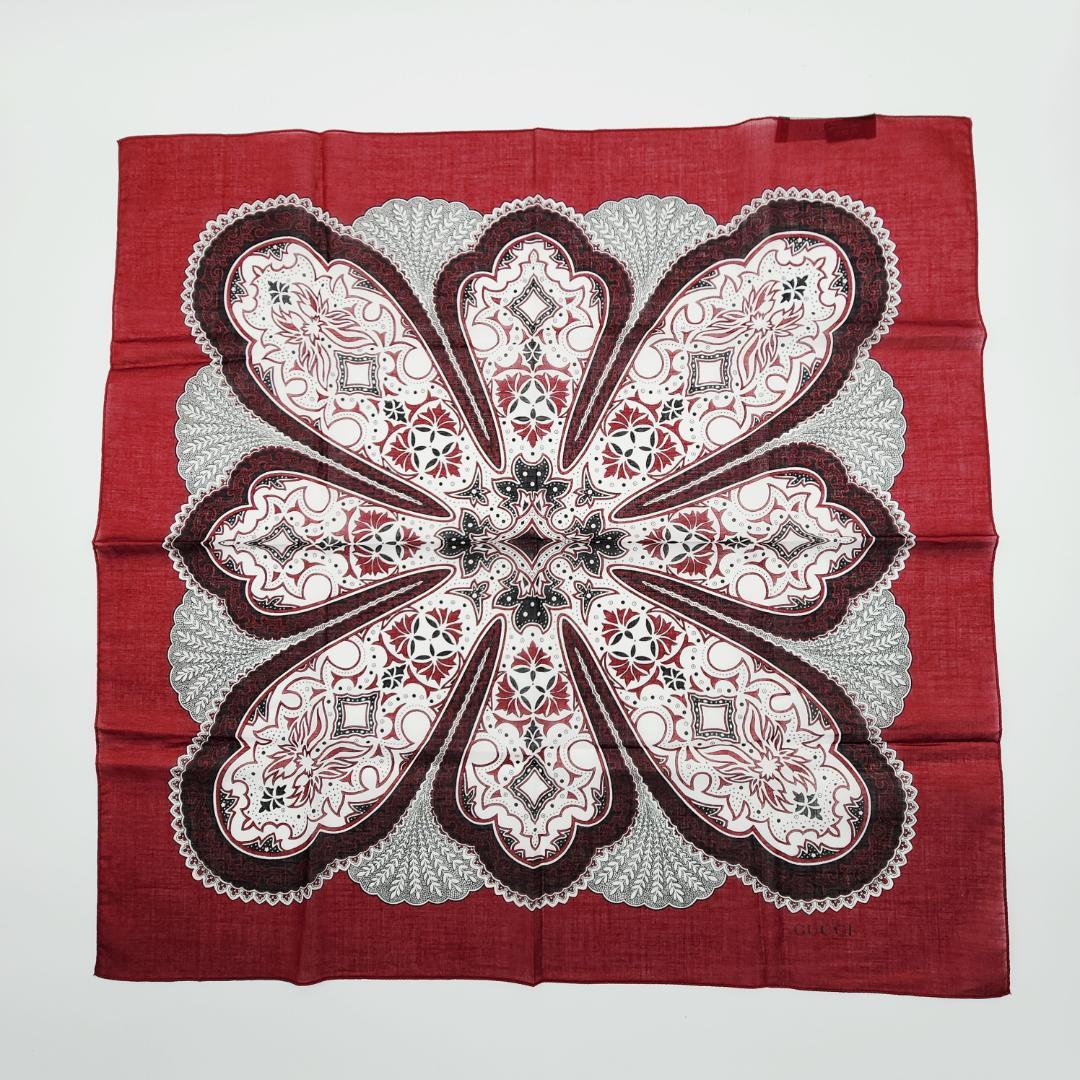 極美品 GUCCI グッチ バンダナ ハンカチ ペイズリー柄 コットン レッド.
