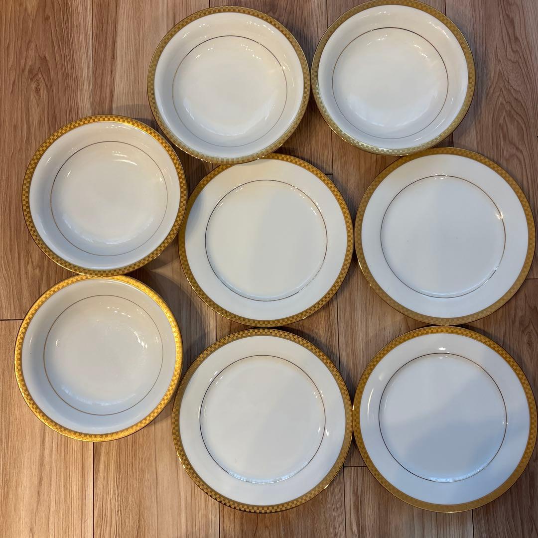 【美品】ノリタケ コンテンポラリー 金彩 格子柄 皿 8枚セット（各4客）