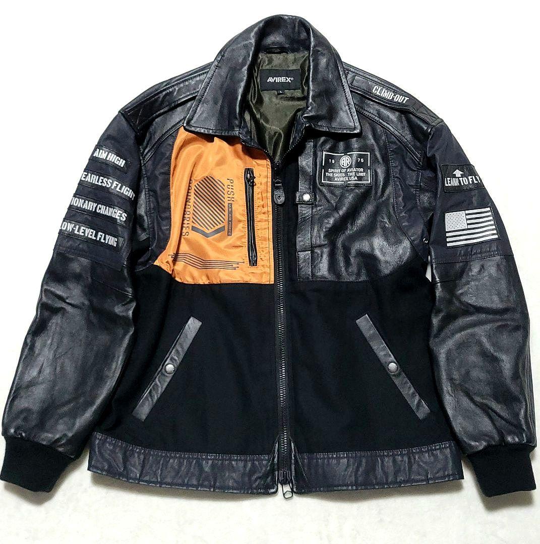 【極美品】AVIREX　アーミーメカニックジャケット レザージャケット 羊革 黒