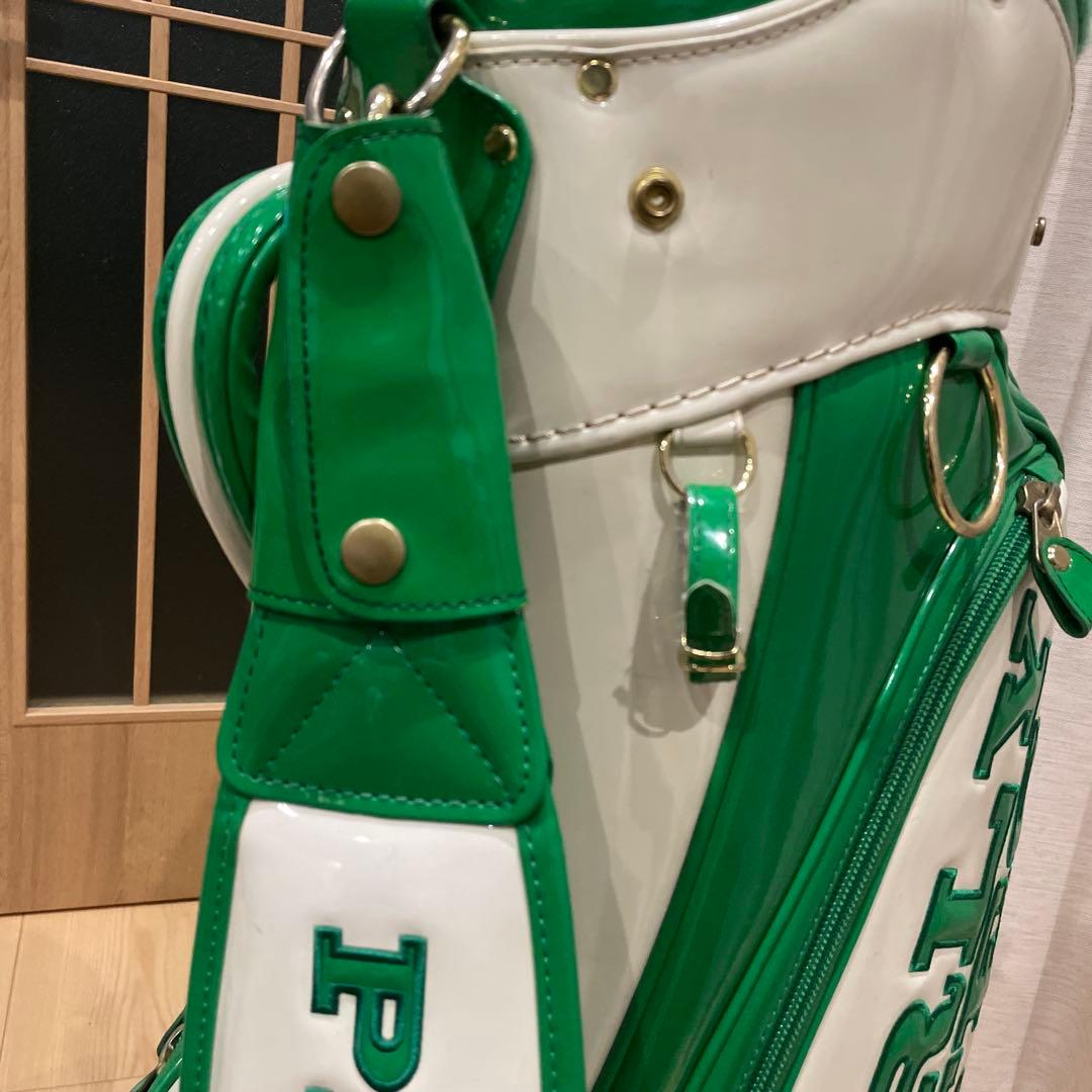 ［美品］PEARLY GATES キャディバッグ エナメル白×緑