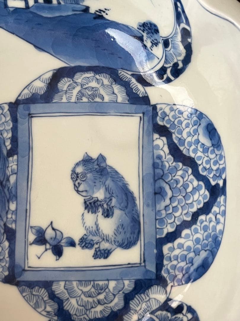 珍図　江戸後期幕末　古伊万里　染付　猿　虎　木瓜形鉢　鶴　山水村　干支