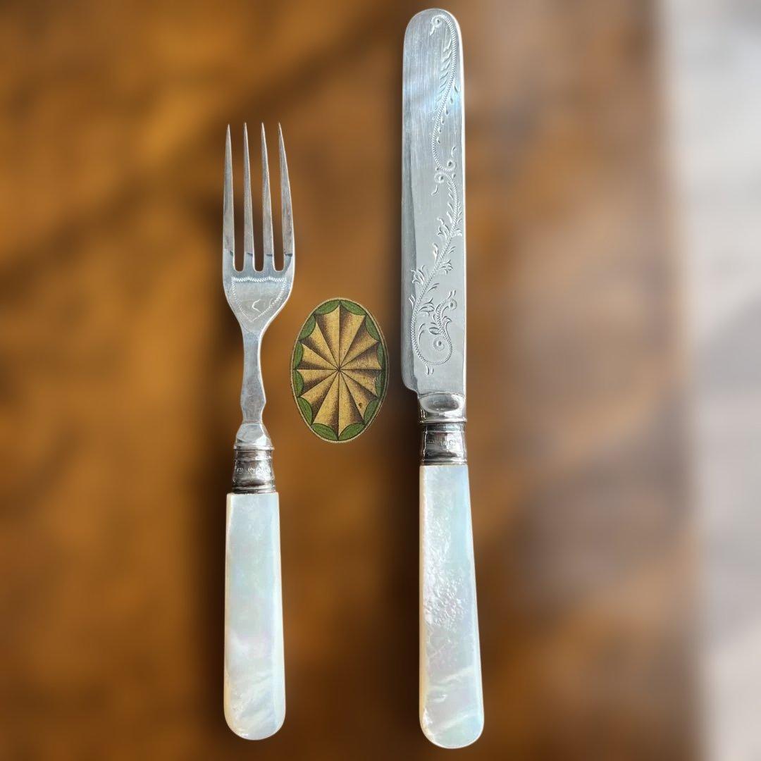 【白蝶貝 / 純銀継手】507ｇビクトリアン デザートナイフ＆フォーク12本