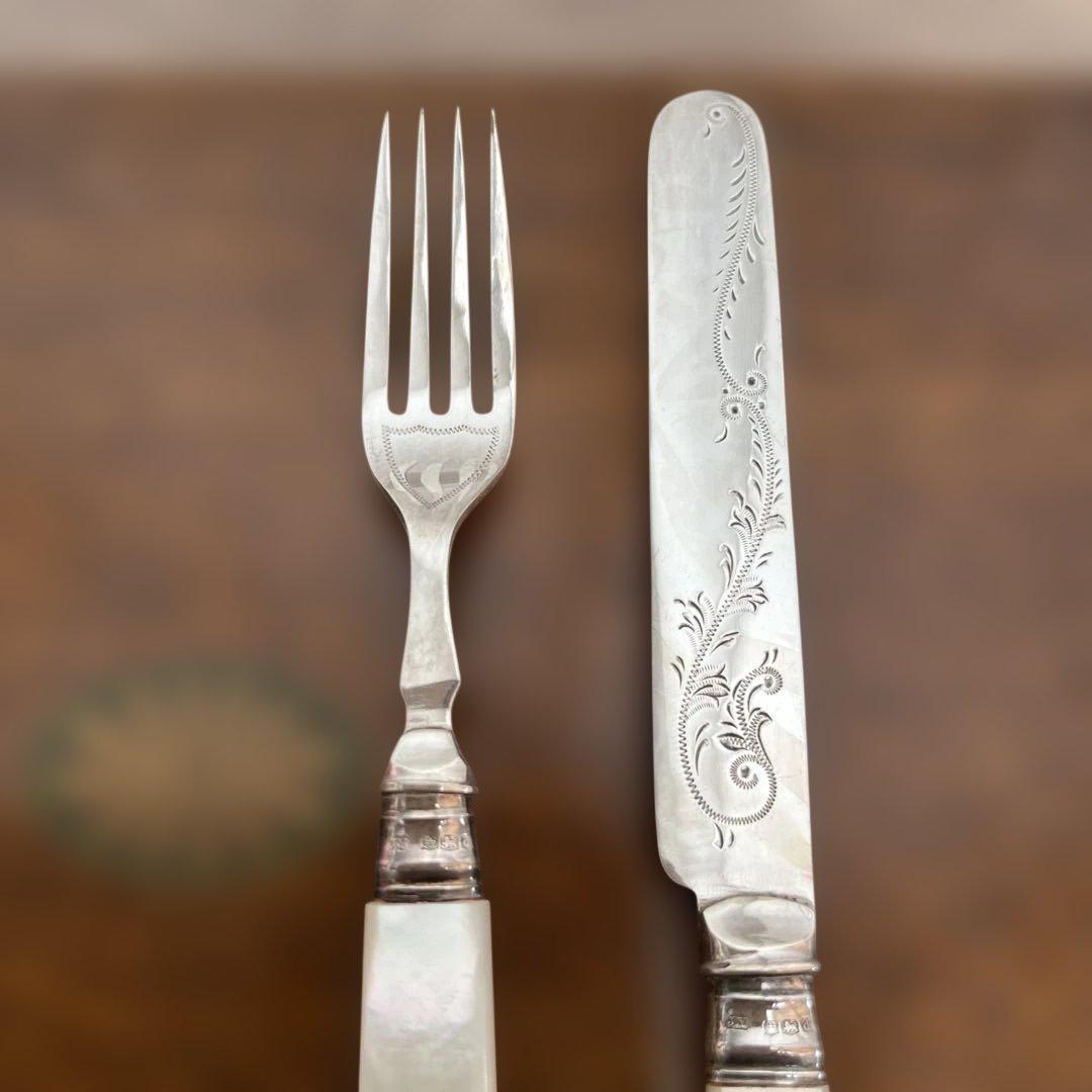 【白蝶貝 / 純銀継手】507ｇビクトリアン デザートナイフ＆フォーク12本