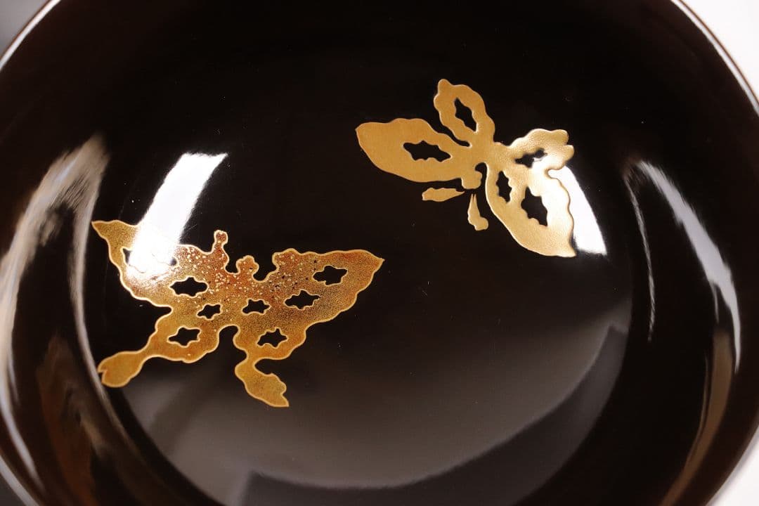 CK75 時代 木製漆器 輪島塗 蝶金蒔絵 黒塗椀 三客 天然木 梨地