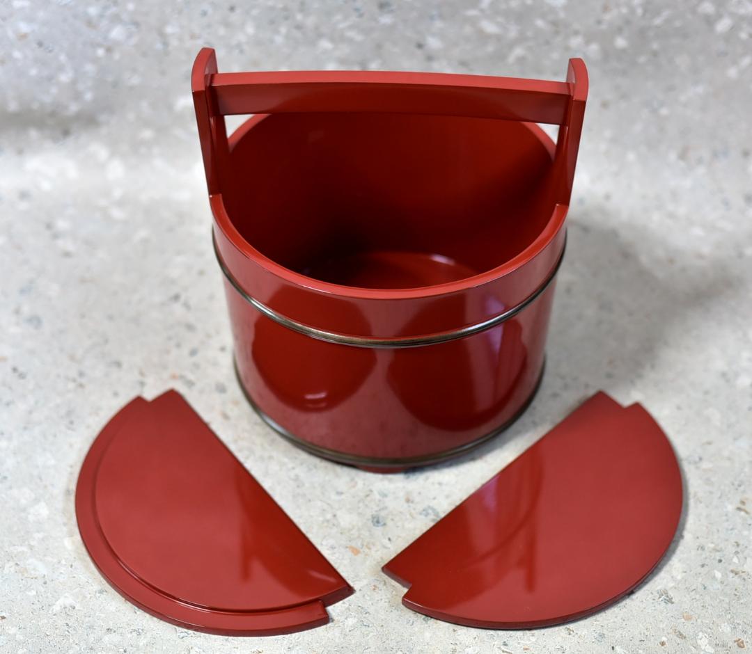 値下げ、輪島，弘悦作　銀巻手桶朱塗り水指　【極上品】　お茶道具/共箱