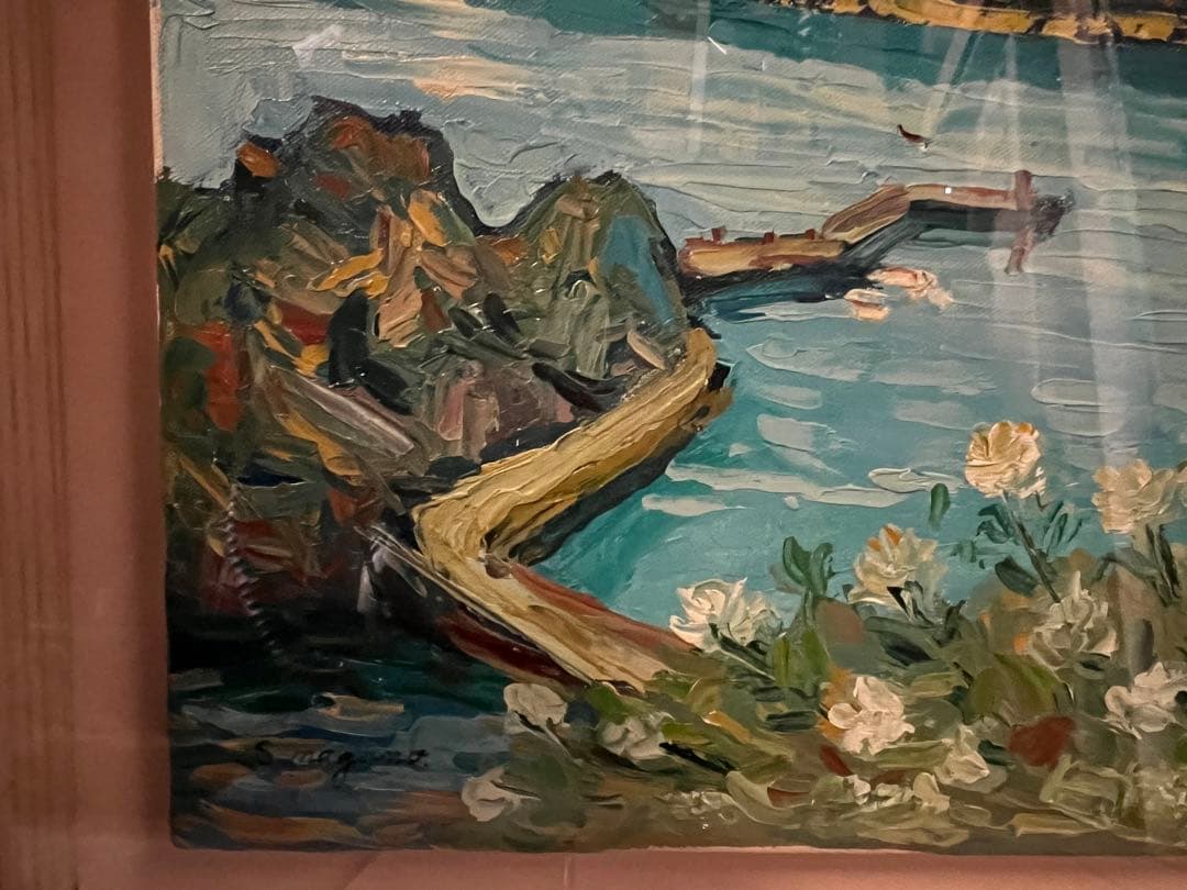 白い花と海の景色絵