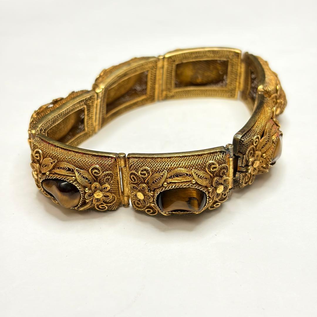 中国七宝 SILVER 銀線細工 タイガーアイ付 シルバーブレスレット バングル