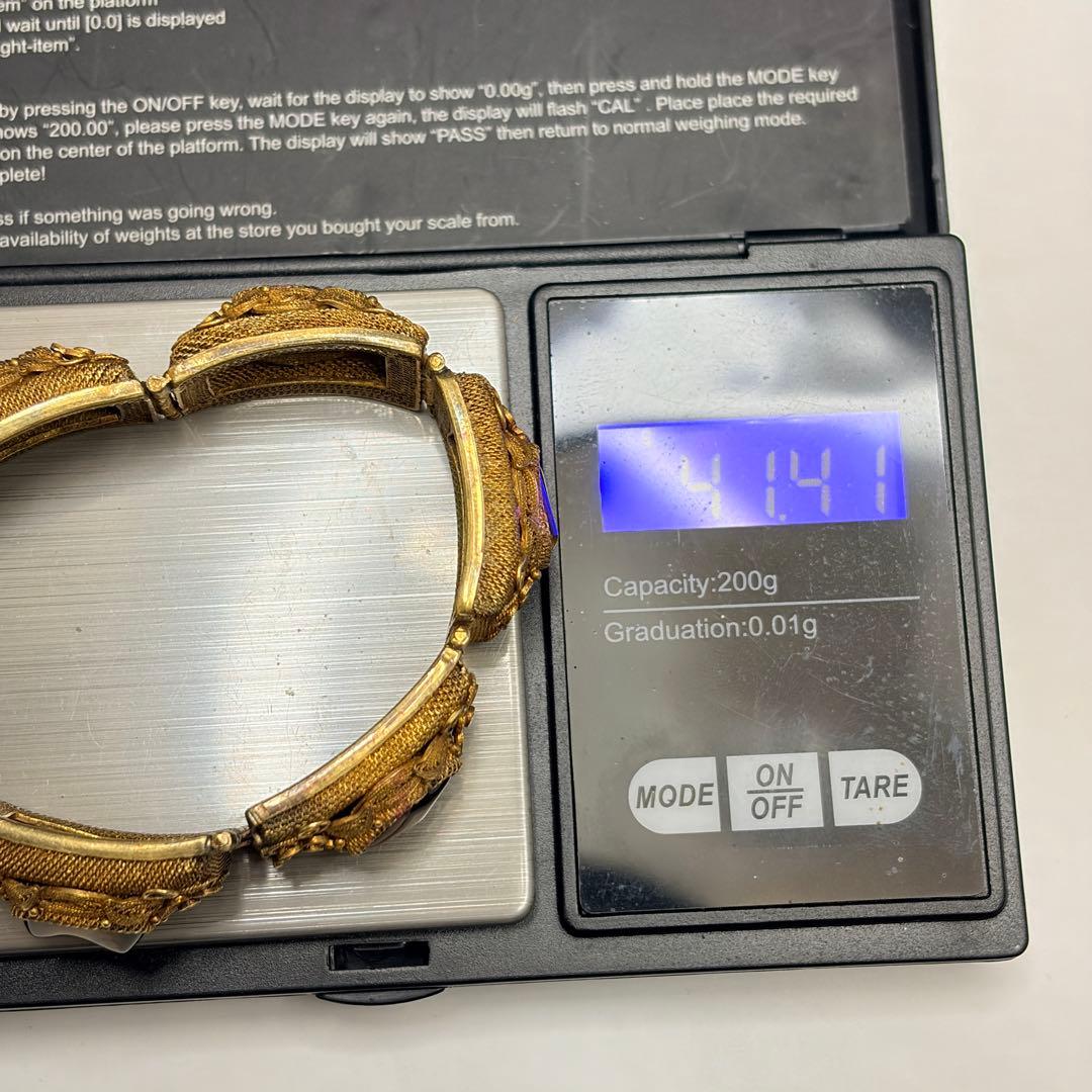 中国七宝 SILVER 銀線細工 タイガーアイ付 シルバーブレスレット バングル