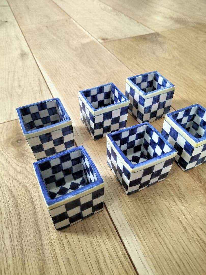 清水焼 乾山写オランダ市松角小付 珍味入れ 俊山窯 新品・未使用品 6個セット
