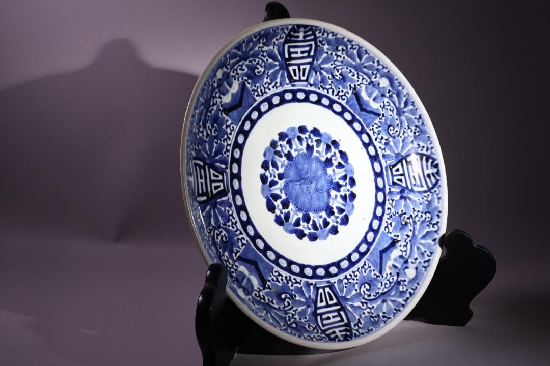 江戸中期　古伊万里　染付　大皿　花鳥風月図　角福銘　直径42㎝ BJ200