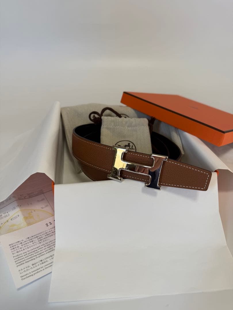 【美品】エルメス H型バックル ブラック／ゴールド リバーシブルレザーベルト