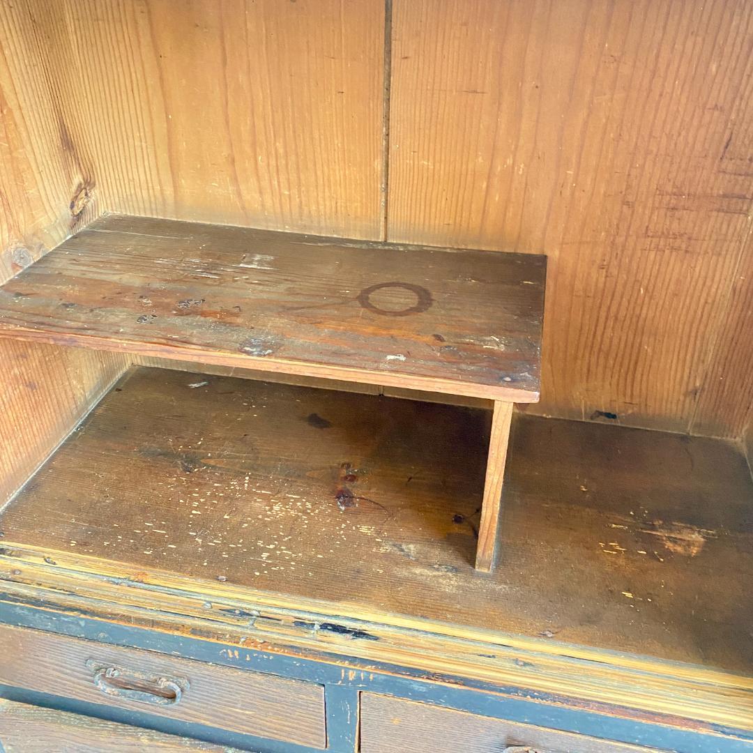 昭和レトロ ガラス戸 収納棚 黒枠 キャビネット 引き出し付き 古道具 食器棚