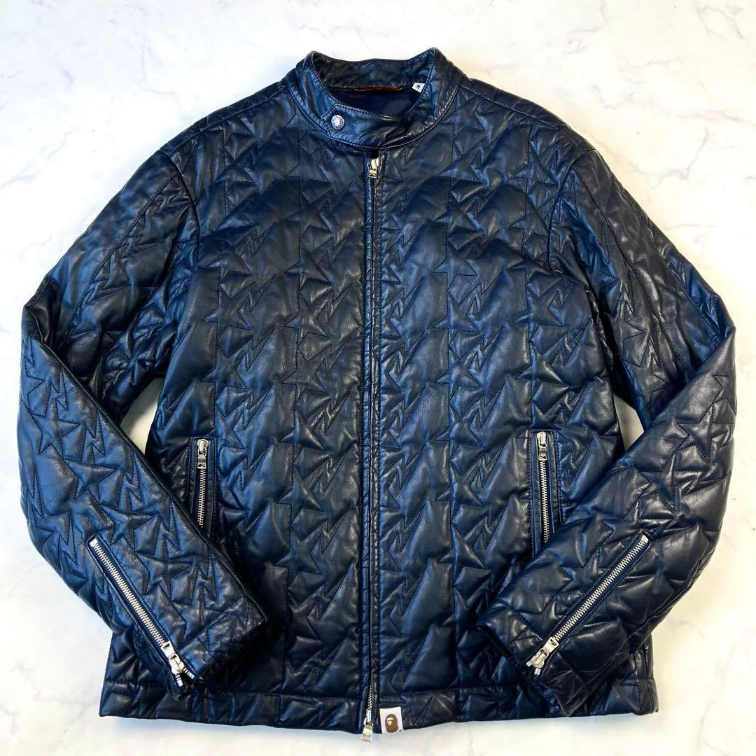極希少 アベイサングエイプ レザー キルティング ダウン ジャケット ネイビー