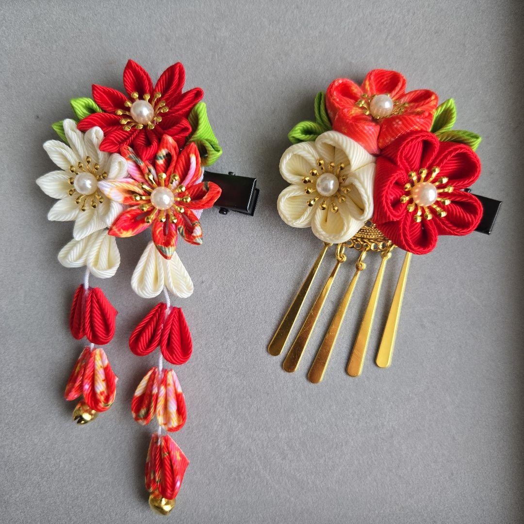 髪飾り付！　七五三　7歳　女の子着物　フルセット オレンジ緑 100~120cm