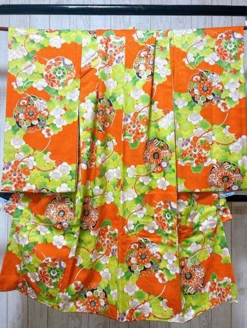 髪飾り付！　七五三　7歳　女の子着物　フルセット オレンジ緑 100~120cm