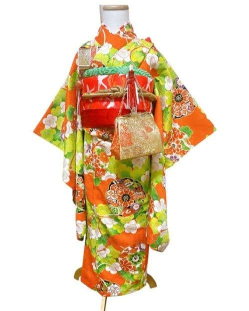 髪飾り付！　七五三　7歳　女の子着物　フルセット オレンジ緑 100~120cm