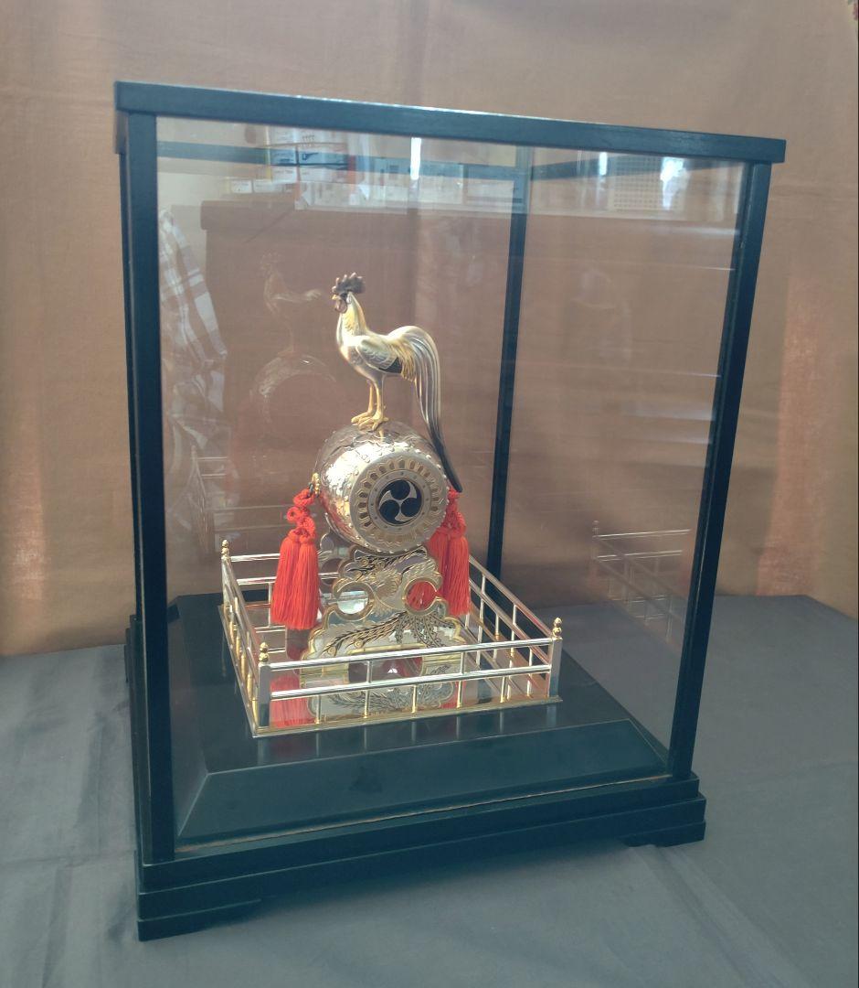 銀製/諫古太鼓/太鼓乗鶏/置物/共箱 ガラスケース付/縁起物/骨董品/美術品/