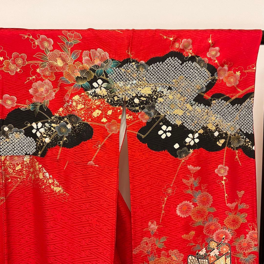 ヴィンテージ☆ママ振り朱赤紗綾形文様金彩御所車絞り模様振り袖フルセット