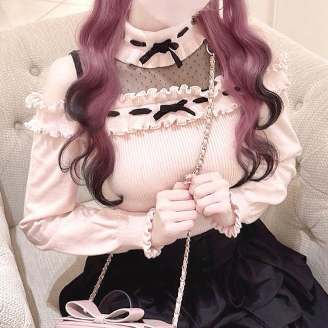 完売品 ハニーミュウ ドットチュール肩あきフリルトップス ピンク