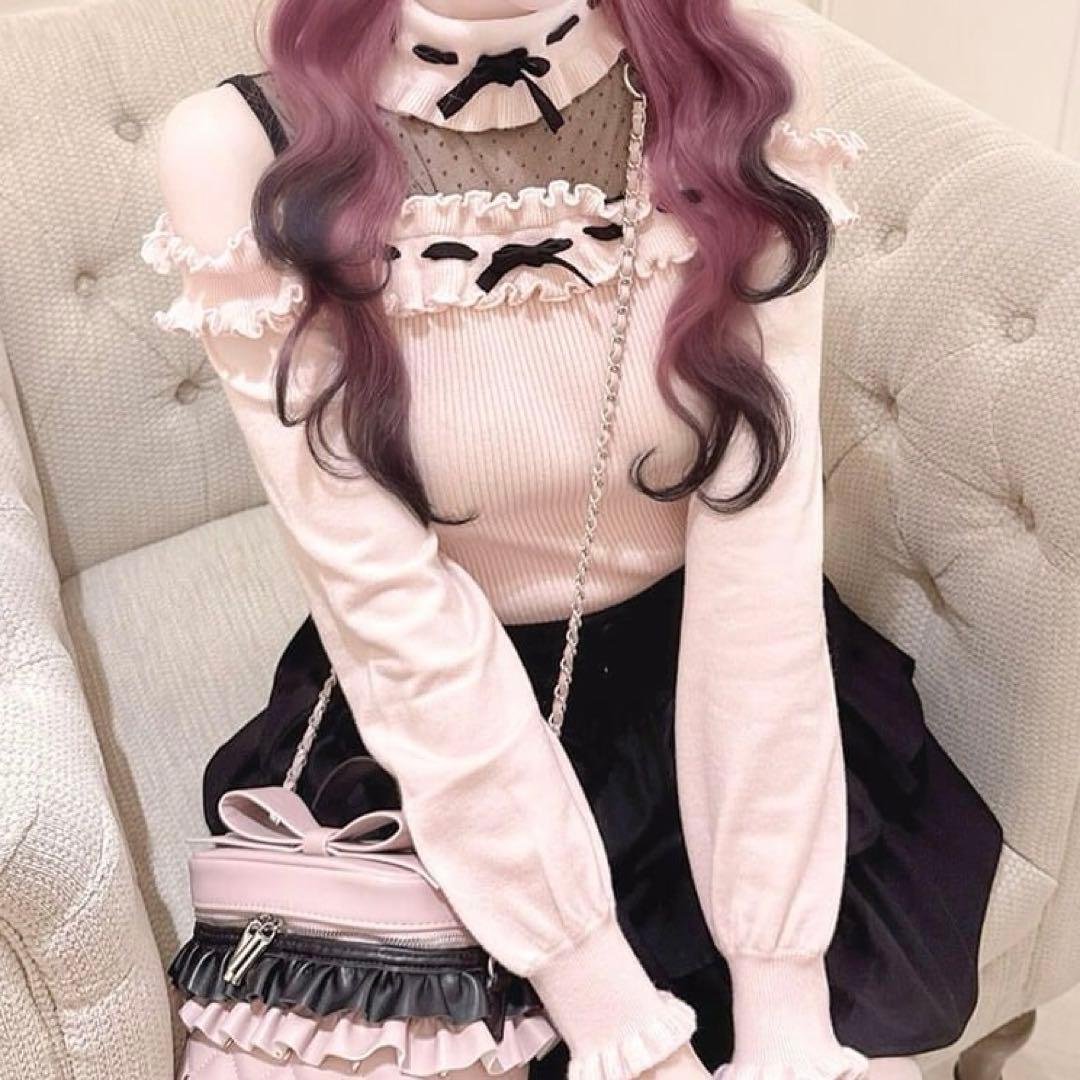 完売品 ハニーミュウ ドットチュール肩あきフリルトップス ピンク