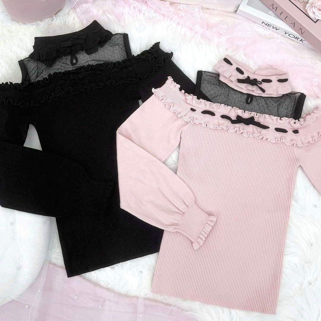 完売品 ハニーミュウ ドットチュール肩あきフリルトップス ピンク